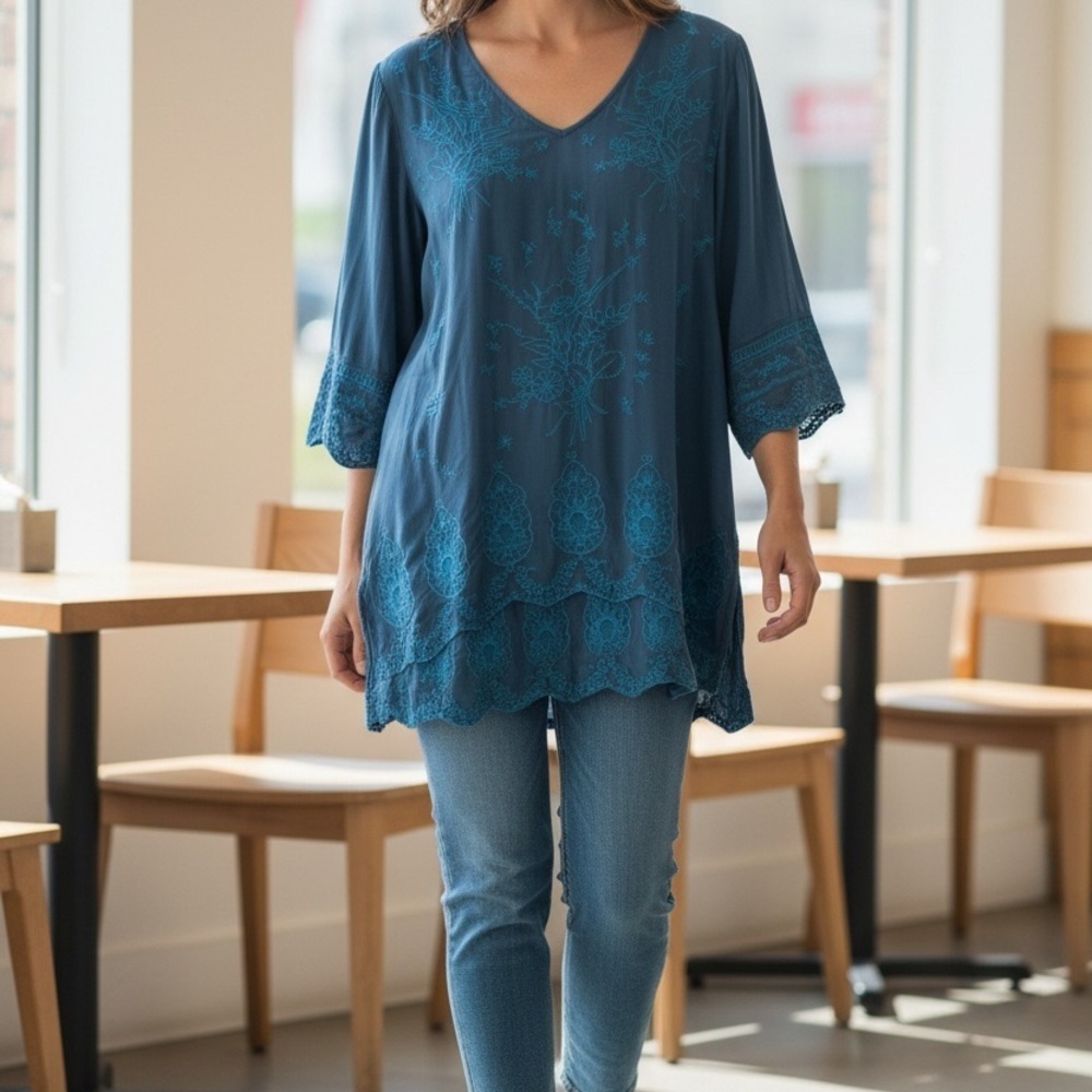 Elegant Blue Embroidered Women's Top